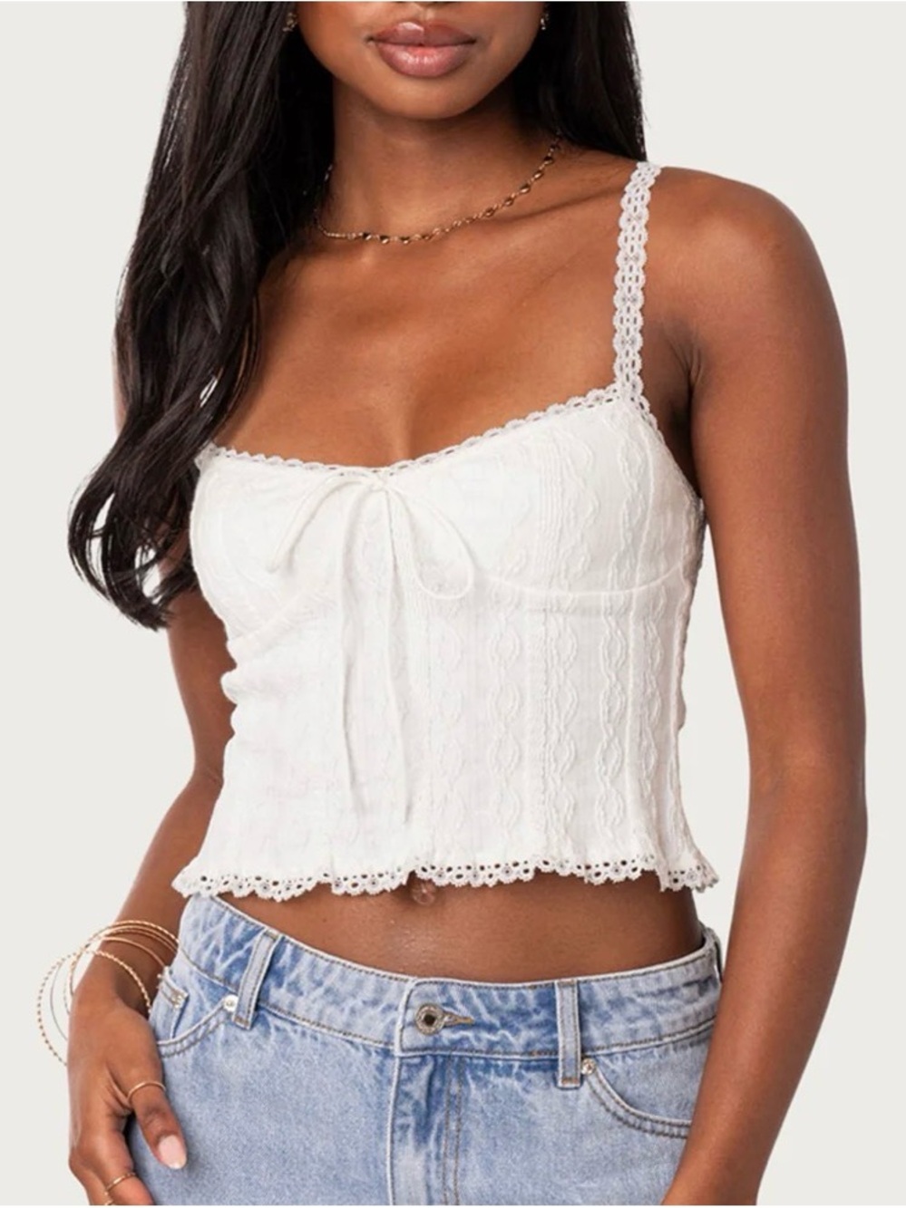 EDIKTED Lacey Knit Tank Top in White